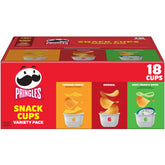 Pringles paquete variedad frontal mostrando 18 vasos y beneficios de portabilidad