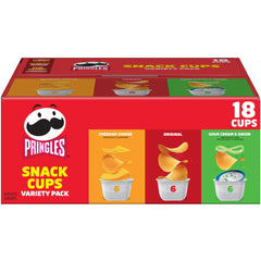 Pringles paquete variedad frontal mostrando 18 vasos y beneficios de portabilidad