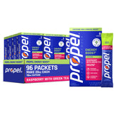 Propel frente del empaque Raspberry Green Tea mostrando 96 sobres y conveniencia
