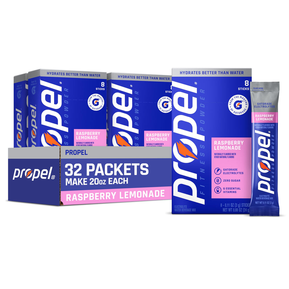 Propel empaque frontal mostrando 32 sobres y beneficios de hidratación