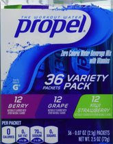 Propel frente del paquete con 36 sobres y variedad de sabores visibles, práctico para llevar