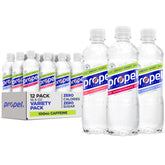 Propel pack frontal mostrando las 12 botellas y variedad de sabores para hidratación