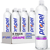Propel uva frente del empaque mostrando botellas y beneficio hidratación