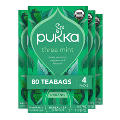 Pukka caja frontal mostrando 80 bolsitas y diseño orgánico, ofrece conveniencia