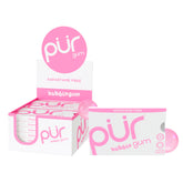 PUR Gum paquete frontal mostrando diseño y cantidad, conveniencia inmediata