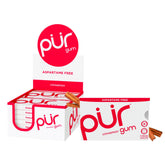 PUR Gum frente del empaque mostrando las 12 cajas, práctico y sin azúcar