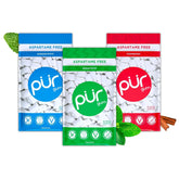 PUR Gum paquete frente mostrando los tres sabores y formato de 3x55