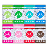 PUR Gum frontal del pack variedad mostrando todas las bolsas, ideal para elegir sabores