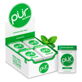 PUR Gum lata de spearmint mostrada al frente con diseño claro y práctico