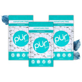 PUR Gum paquete frontal mostrando 3 bolsas y conveniencia