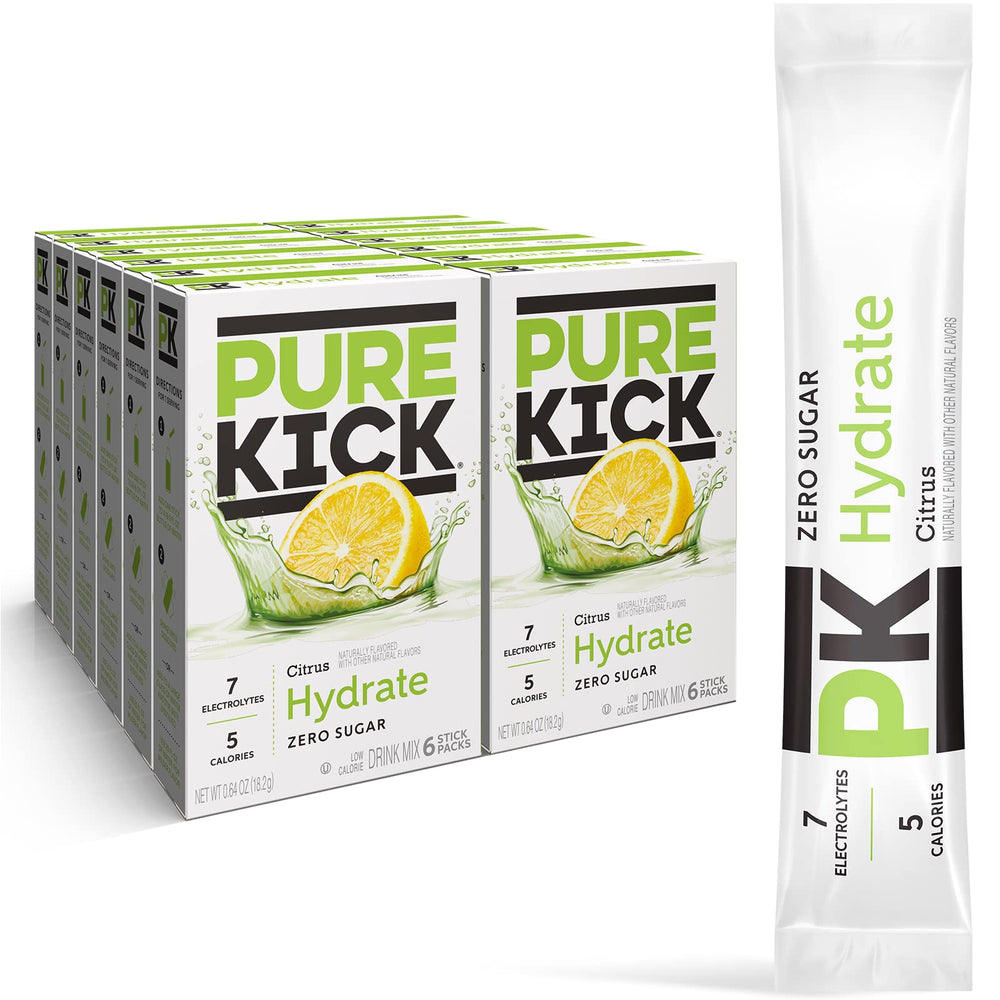 PURE KICK empaque frontal limón refrescante, facilita hidratación sin azúcar