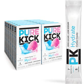 PURE KICK frente del empaque con 12 cajas y 72 sobres, práctico para llevar