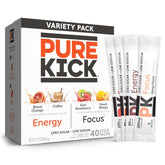 PURE KICK frente del paquete de 40 sobres ideal para llevar y variedad de sabores