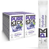 Pure Kick presentación frontal Concord Grape mostrando caja y sobres, conveniencia para llevar