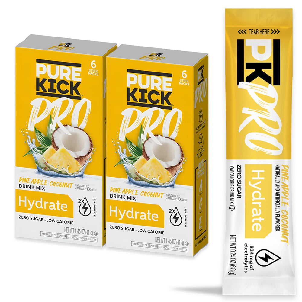 PURE KICK paquete frontal piña coco mostrando envase y beneficio de hidratación rápida