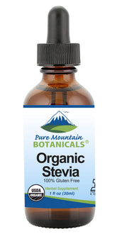 Pure Mountain Botanicals botella frontal mostrando etiqueta orgánica y gotero, conveniencia