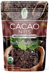 Pure Natural Miracles empaque frontal de cacao nibs orgánicos mostrando peso y sello orgánico