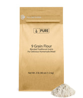 Pure Original Ingredients empaque frontal de harina 9 granos muestra bolsa de 3 lb y beneficios