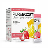 Pureboost caja frontal mostrando 30 sobres y sabor fresa limonada, claridad visual