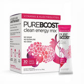 Pureboost caja Berry Boost al frente mostrando 30 sobres beneficios energéticos