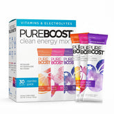 Pureboost frente del empaque mostrando 30 sobres y beneficio portabilidad