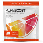 Pureboost empaque frontal Citrus Sunrise mostrando 30 servicios y beneficio energético