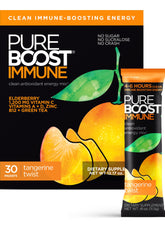 Pureboost empaque frontal tangerina mostrando 30 sobres y beneficio de energía limpia
