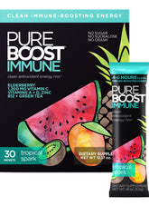 Pureboost empaque frontal con sabor tropical mostrando 30 sobres y beneficios