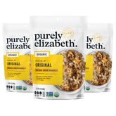 Purely Elizabeth empaque frontal mostrando 3 bolsas y beneficios