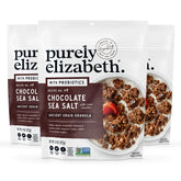 purely elizabeth frente del empaque mostrando sellos sin gluten y vegano, ideal para desayuno