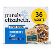 purely elizabeth frente del paquete blueberry flax mostrando el sello sin gluten y beneficio práctico