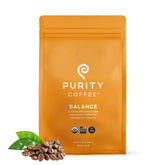 PURITY COFFEE frente del paquete mostrando diseño y tamaño 12oz, transmite confianza