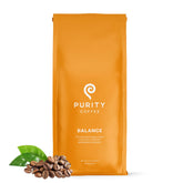 PURITY COFFEE bolsa BALANCE frente mostrando diseño y beneficio de menor cafeína