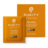 PURITY COFFEE sachet frontal mostrando el embalaje y comodidad del formato