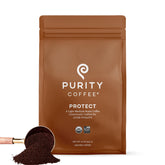 PURITY COFFEE frente del empaque mostrando bolsa y diseño, enfatiza frescura