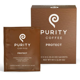 PURITY COFFEE frontal del paquete mostrando sachets y conveniencia
