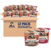 Quaker caja frontal del pack de 12 tazas mostrando sabores y beneficios