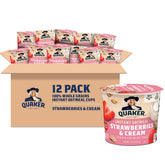 Quaker envase delantero mostrando 12 tazas para desayuno rápido