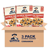 Quaker frente del empaque mostrando Oatmeal Squares canela y conveniencia