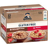 Quaker paquete frontal con 32 sobres sin gluten mostrando la marca y beneficios