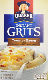 Paquete frontal Quaker Country Bacon mostrando diseño y cantidad, conveniencia instantánea