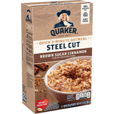 Quaker paquete frontal mostrando sabor brown sugar cinnamon y conveniencia