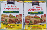 Quaker paquete frontal de harina para tortillas mostrando marca y tamaño práctico