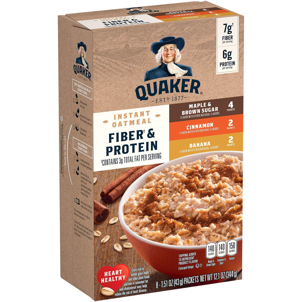 Quaker paquete frontal mostrando caja de 8 sobres y beneficios nutricionales
