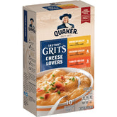 Quaker paquete frontal mostrando variedad Cheese Lovers y beneficio conveniencia