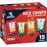 Quaker empaque frontal mostrando mezcla picante y salada, conveniencia portátil