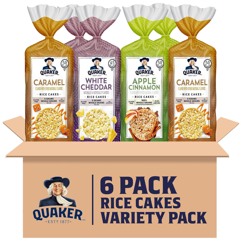 Quaker torta de arroz pack frontal mostrando tres sabores y beneficios