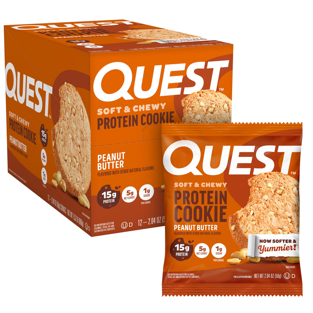 Quest galleta frontal empaquetado mostrando sabor mantequilla de cacahuete y conveniencia