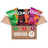 Quest packaging frontal Spicy Variety con 12 bolsas, muestra conveniencia y sabor