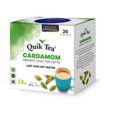 QuikTea empaque frontal mostrando 20 sobres y ventaja de preparación rápida